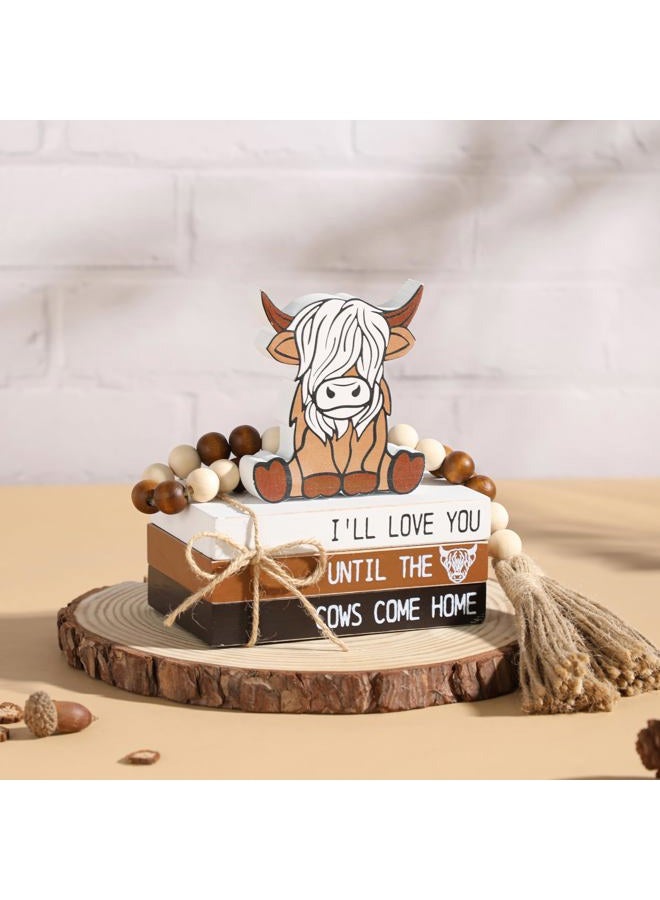 WODOHOLO Highland Cow Wooden Tiered Tray Decor, Farmhouse Wooden Book Stacks Rustic Table Centerpiece Block Signs Decor - Image 4