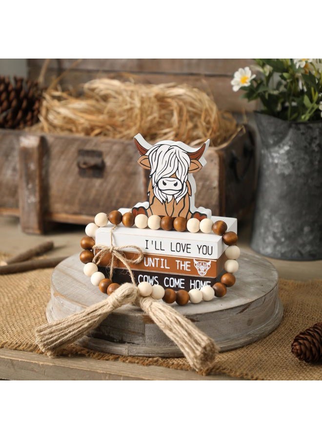 WODOHOLO Highland Cow Wooden Tiered Tray Decor, Farmhouse Wooden Book Stacks Rustic Table Centerpiece Block Signs Decor - Image 5