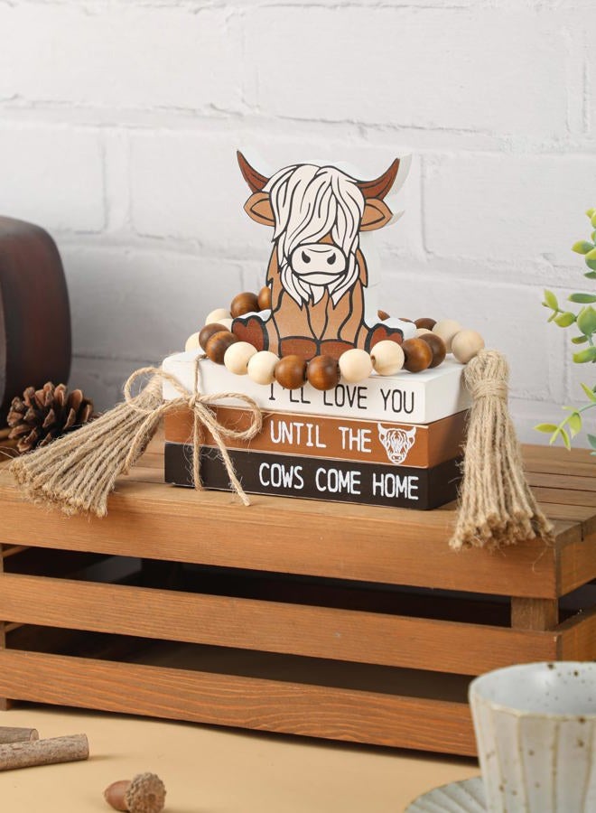 WODOHOLO Highland Cow Wooden Tiered Tray Decor, Farmhouse Wooden Book Stacks Rustic Table Centerpiece Block Signs Decor - Image 3