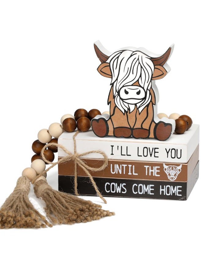 WODOHOLO Highland Cow Wooden Tiered Tray Decor, Farmhouse Wooden Book Stacks Rustic Table Centerpiece Block Signs Decor - Image 1