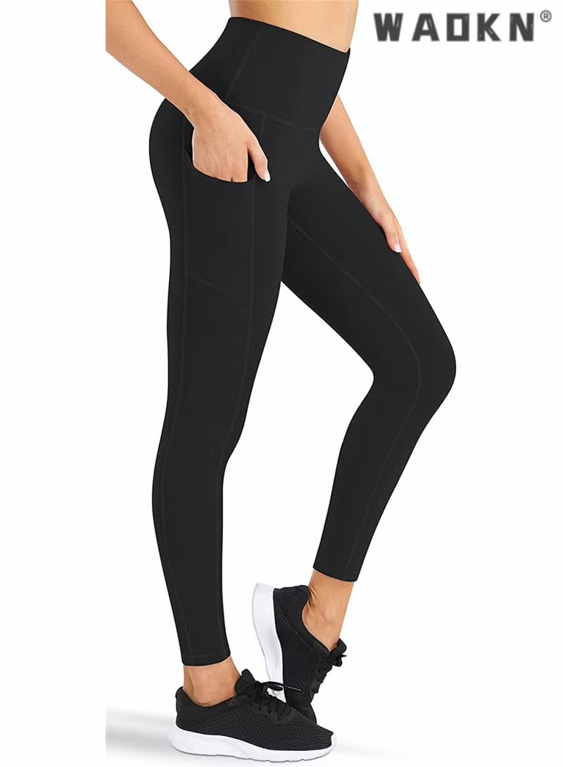 WAOKN Women Yoga Pants Solid Color Soft Nylon High Waist Leggings Pockets Slim-Fitting Gym Tights Female Outdoor Running Clothing Yoga Pants with Pockets,High Waist Stretch Gym Workout Running Leggings  - Image 1