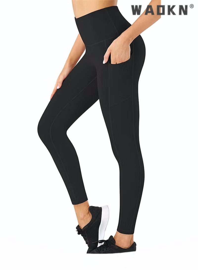 WAOKN Women Yoga Pants Solid Color Soft Nylon High Waist Leggings Pockets Slim-Fitting Gym Tights Female Outdoor Running Clothing Yoga Pants with Pockets,High Waist Stretch Gym Workout Running Leggings  - Image 2
