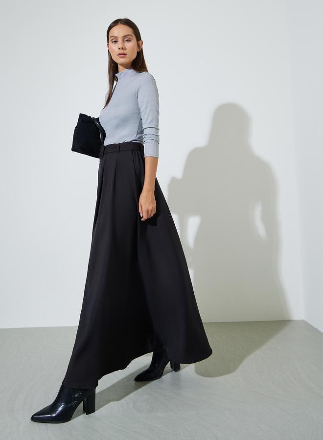 Styli Black Solid Belted A-Line Maxi Skirt - Image 1