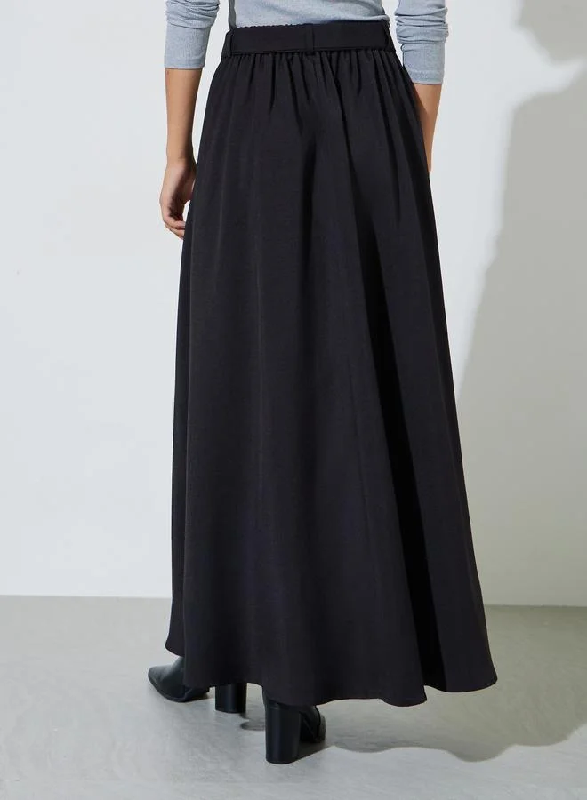 Styli  Black Solid Belted A-Line Maxi Skirt for Women | Best Price UAE
