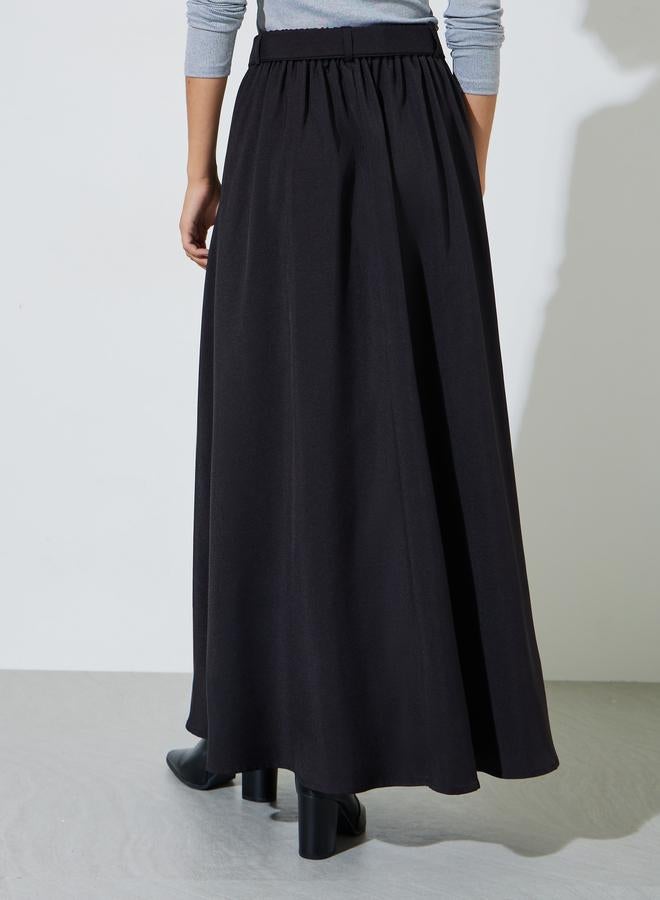 Styli Black Solid Belted A-Line Maxi Skirt - Image 4