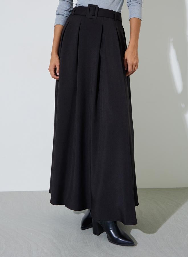 Styli Black Solid Belted A-Line Maxi Skirt - Image 2