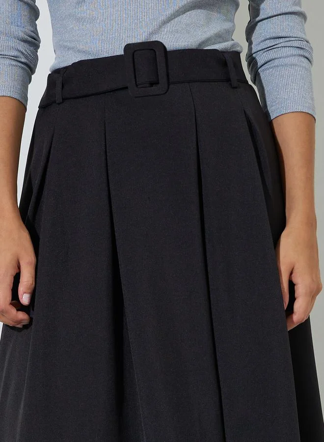Styli  Black Solid Belted A-Line Maxi Skirt for Women | Best Price UAE