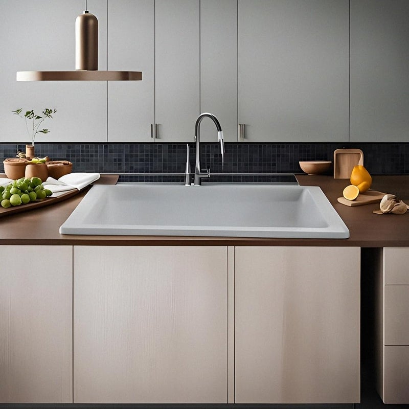 SYON Syon STAR WHITE Premium Ceramic Quartz Kitchen Sink with Coupling Waste Pipe Vegetable Tray 16x18x8  - Image 2