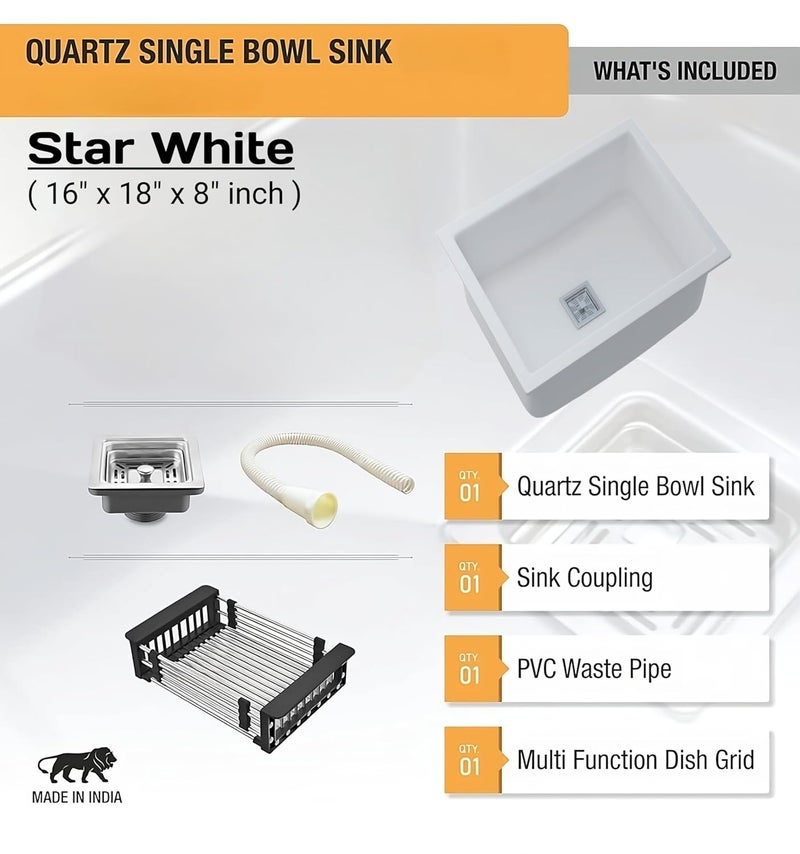 SYON Syon STAR WHITE Premium Ceramic Quartz Kitchen Sink with Coupling Waste Pipe Vegetable Tray 16x18x8  - Image 3