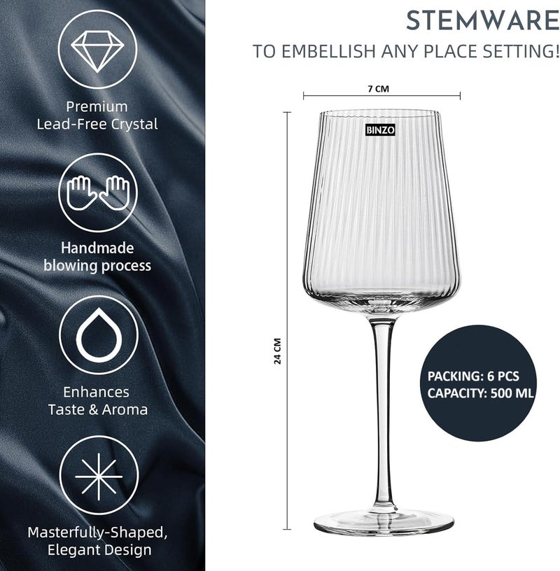 BINZO Ribbed Crystal Wine Glasses Set of 6 Pcs 500 ml Premium Modern Glasses for Drinking Red Wines White Wines Glass with Long Stem Serving Gifting 1 - Image 2