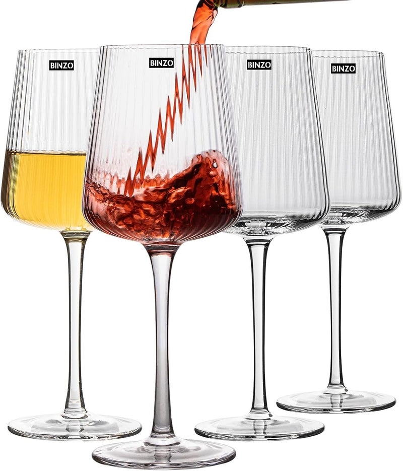 BINZO Ribbed Crystal Wine Glasses Set of 6 Pcs 500 ml Premium Modern Glasses for Drinking Red Wines White Wines Glass with Long Stem Serving Gifting 1 - Image 1