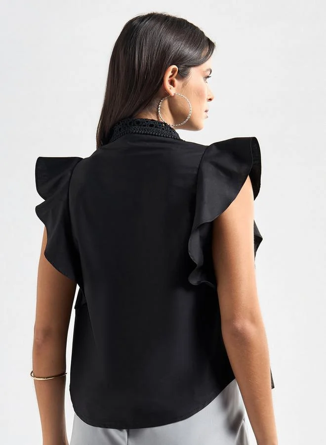 Splash FAV Solid Shirt with Flutter Sleeves and Lace Detail