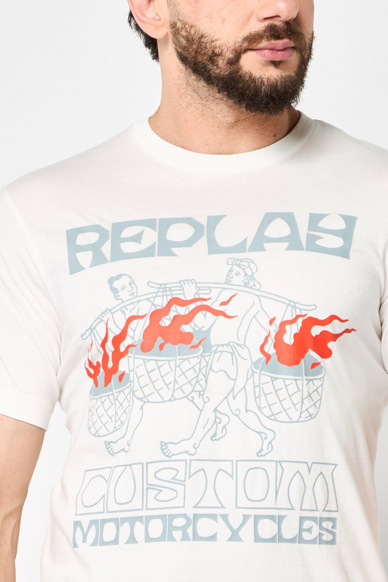 Replay Men Crew Neck Short Sleeves Graphic Print T-Shirt, Off White - Image 3