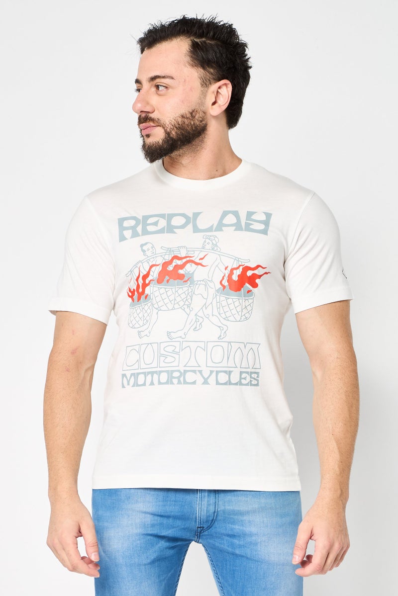 Replay Men Crew Neck Short Sleeves Graphic Print T-Shirt, Off White - Image 1