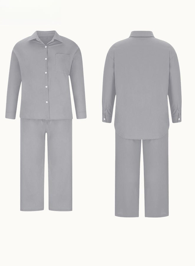 Ladies 2 Piece Set New Trend Fashion Classic Solid Color Cotton Linen Shirt Suit Summer Spring Plus Size Clothes for Women Breathable and Cool Long-Sleeve Lapel Shirt Loose Pants - Image 2