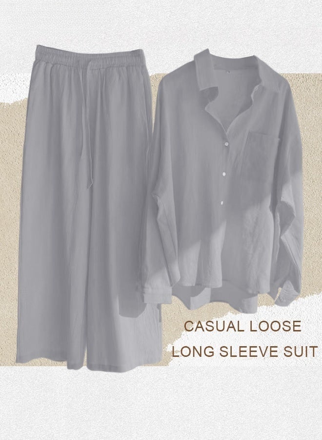 Ladies 2 Piece Set New Trend Fashion Classic Solid Color Cotton Linen Shirt Suit Summer Spring Plus Size Clothes for Women Breathable and Cool Long-Sleeve Lapel Shirt Loose Pants - Image 4