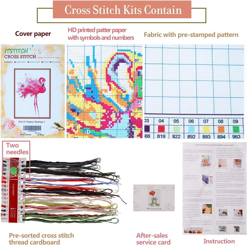 ITSTITCH Cross Stitch Kits Stamped Holiday Gift DIY Embroidery Starter Kits Easy Patterns Embroidery for Girls Crafts DMC Stamped Cross-Stitch Supplies Needlework Flamingos - Image 5
