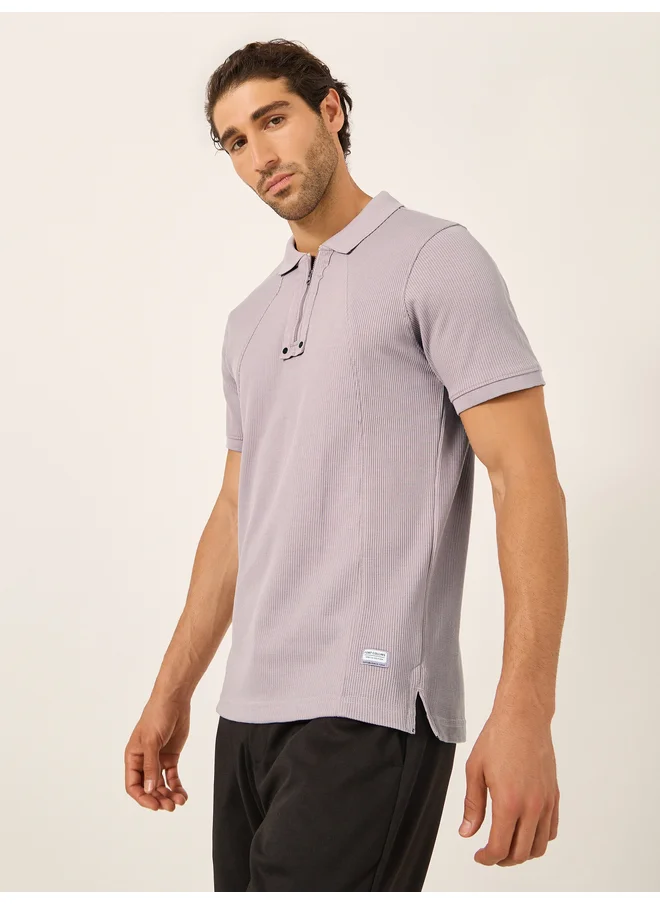 فورت كولينز Fort Collins Men Purple Rib Knit Half-Zip Polo T-Shirt