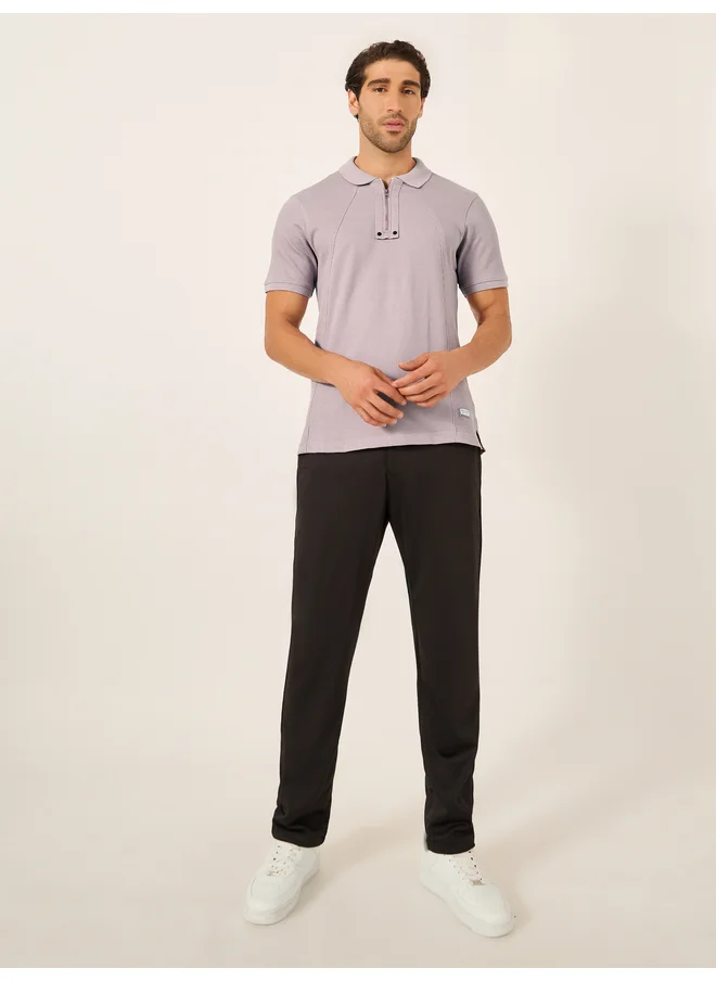 فورت كولينز Fort Collins Men Purple Rib Knit Half-Zip Polo T-Shirt