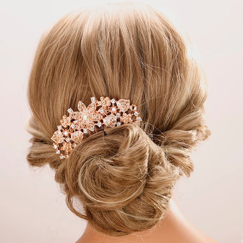 Aimimier Luxury Crystal Inlaid Flower Hair Side Combs Decorative Rhinestone Headpieces Wedding Hair Accessories for WomenChampagne