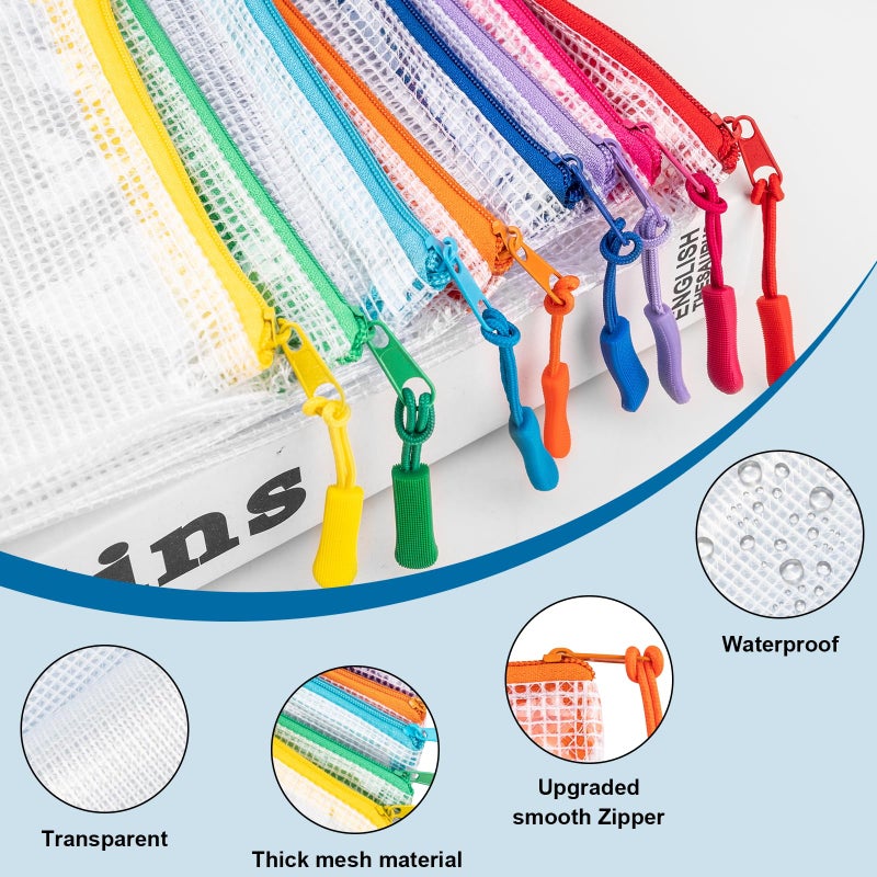 VUEKYN 24 Pcs Mesh Zipper Pouch Bags, Plastic Zipper Pouches for Classroom in 8 Sizes, Waterproof Mesh Zipper Bags for Organizing, Clear Zipper Pouches for Organizing, Travel, Office Supplies - Image 3