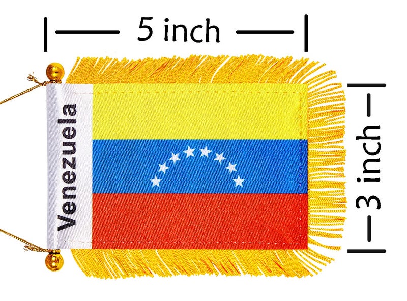 WXTWK 3 X 5 Inch Venezuela Flag Venezuelan Window Hanging Flag Small Mini Car Flags Banners Rearview Mirror Decoration With Suction Cup Golden Fringy Banner - Image 2