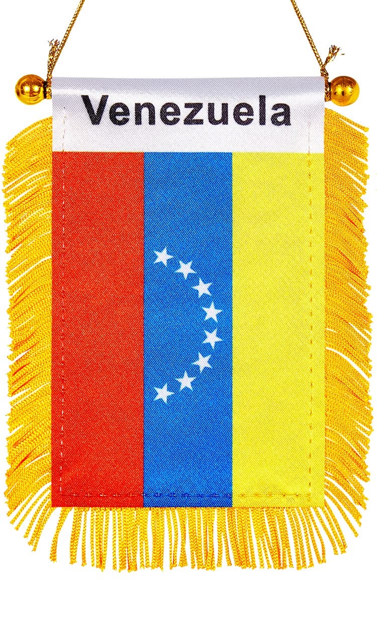 WXTWK 3 X 5 Inch Venezuela Flag Venezuelan Window Hanging Flag Small Mini Car Flags Banners Rearview Mirror Decoration With Suction Cup Golden Fringy Banner - Image 1