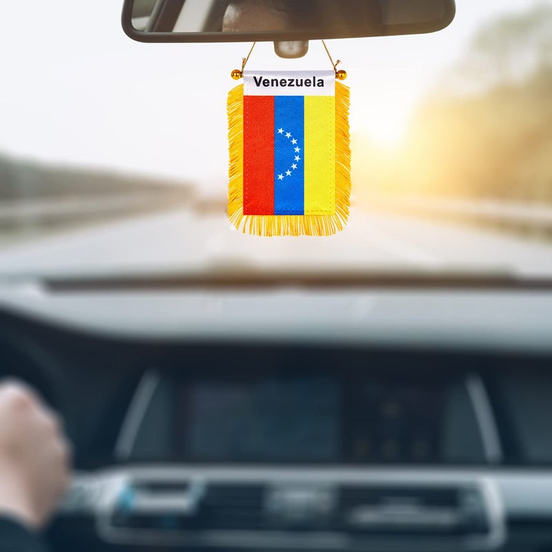 WXTWK 3 X 5 Inch Venezuela Flag Venezuelan Window Hanging Flag Small Mini Car Flags Banners Rearview Mirror Decoration With Suction Cup Golden Fringy Banner - Image 4