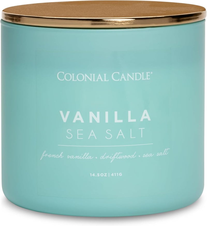 Colonial Candle Vanilla Sea Salt Scented Jar Candle, Pop of Color Collection, 3 Wick, Blue, 14.5 oz - Up to 60 Hours Burn - Image 1
