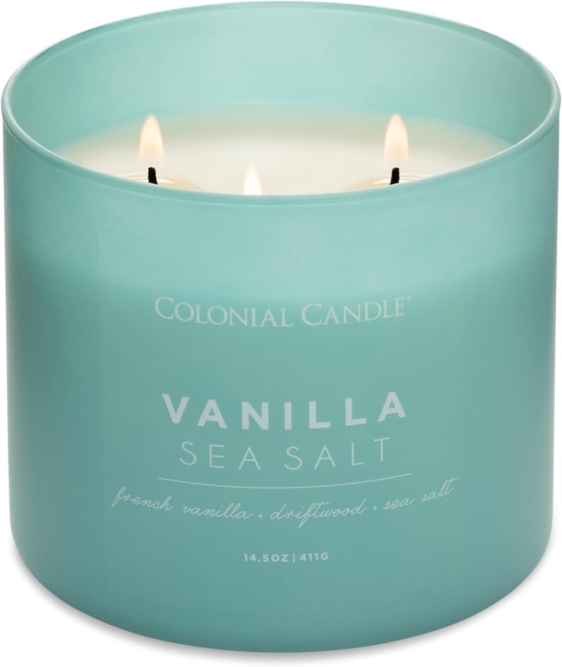 Colonial Candle Vanilla Sea Salt Scented Jar Candle, Pop of Color Collection, 3 Wick, Blue, 14.5 oz - Up to 60 Hours Burn - Image 3