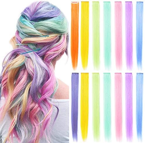 MOSCSMDY 14PCS 20Rainbow Wig Pieces MultiColors Clip in Colored Hair Extensions Party Highlights Hair Accessories Extensions for Girls WomenCandy color