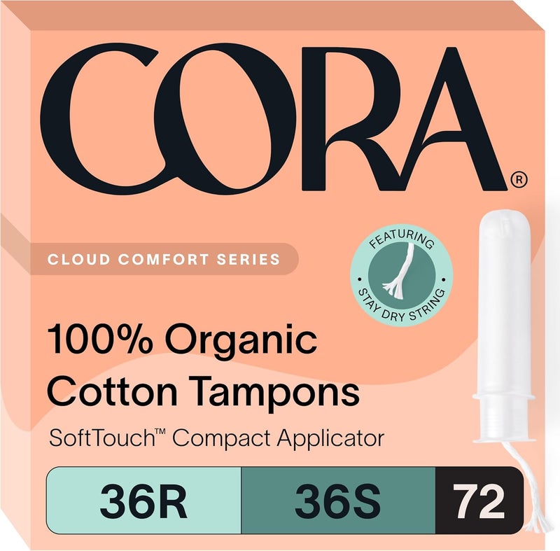 cora Cora Organic Applicator Tampon Multipack | 36 Regular & 36 Super Absorbency | 100% Organic Cotton, Unscented, BPA-Free Compact Applicator | Leak Protection | Packaging May Vary | 72 Total 