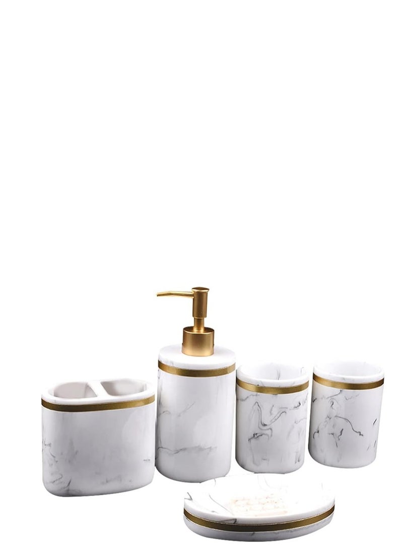 Y&D 5 Pcs Set Five Piece Washing Set Marble Liquid Pump Bottle Toothpaste Holder Soap Pump Marble Bathroom Accessory Bathroom Tumbler Decorative soap Brushing Cups Resin Shampoo Lotion - Image 1