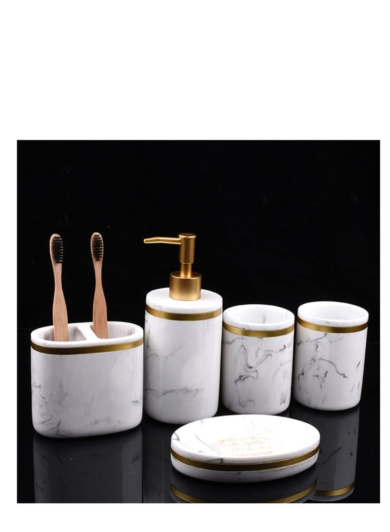 Y&D 5 Pcs Set Five Piece Washing Set Marble Liquid Pump Bottle Toothpaste Holder Soap Pump Marble Bathroom Accessory Bathroom Tumbler Decorative soap Brushing Cups Resin Shampoo Lotion - Image 2