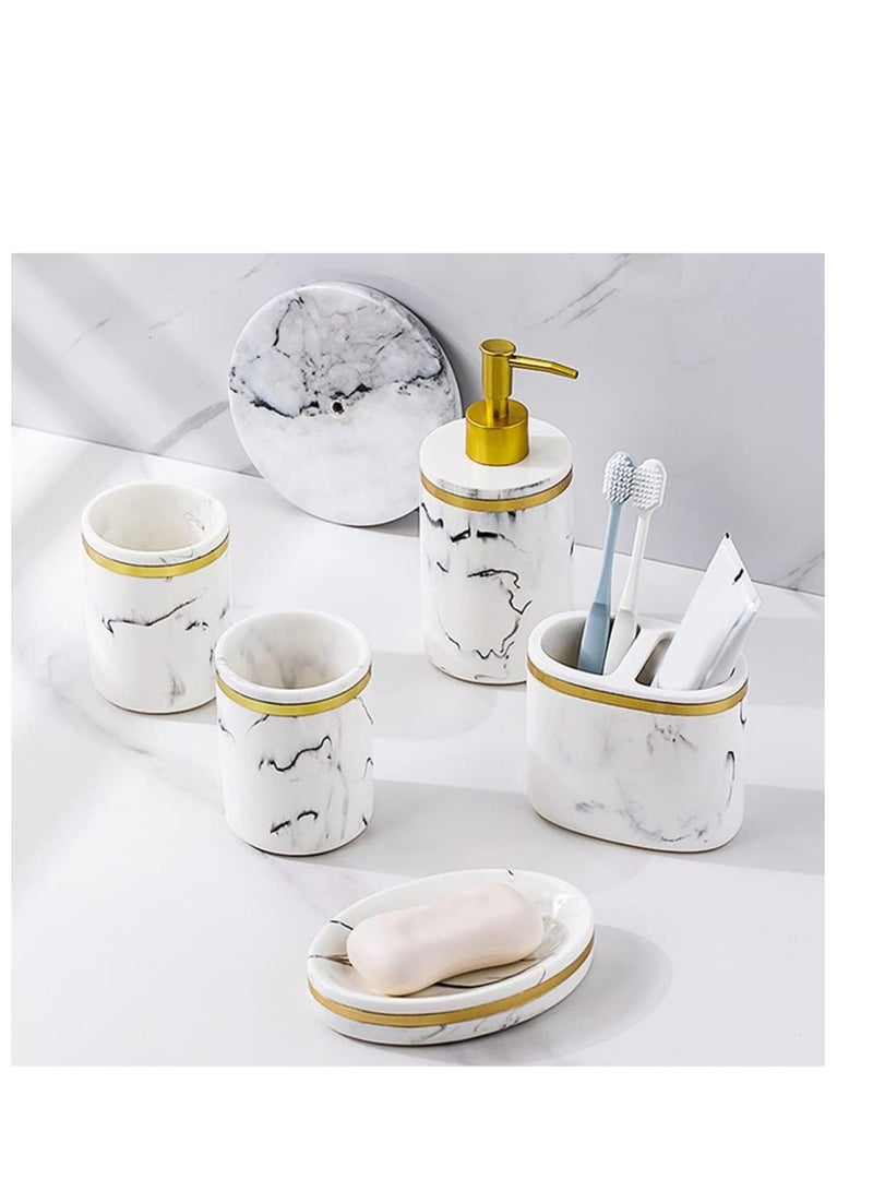 Y&D 5 Pcs Set Five Piece Washing Set Marble Liquid Pump Bottle Toothpaste Holder Soap Pump Marble Bathroom Accessory Bathroom Tumbler Decorative soap Brushing Cups Resin Shampoo Lotion - Image 3