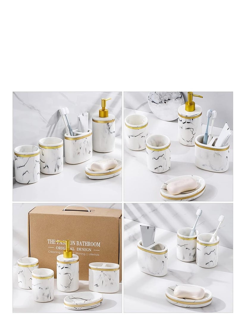 Y&D 5 Pcs Set Five Piece Washing Set Marble Liquid Pump Bottle Toothpaste Holder Soap Pump Marble Bathroom Accessory Bathroom Tumbler Decorative soap Brushing Cups Resin Shampoo Lotion - Image 5