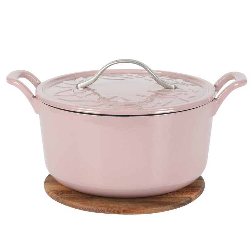 Bloomhouse 7 Qt Cast Iron Dutch Oven WEmbossed Lid European Enamel Walnut Wood Trivet Orchid Pink
