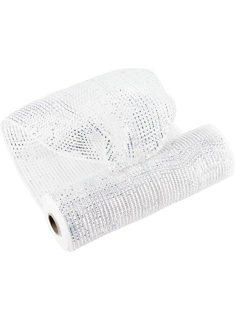 10 ياردة الفضة الشبكة الأبيض الشريط النسيج، 10 بوصة مجلد شبكة عيد الميلاد الشريط النسيج، الفضة المعدنية القماش الشاشة، الفضة الشبكة الزخرفية لشجرة عيد الميلاد، ألقاب الزهور، عقد الفراشات صنع، ألقاب الزهور - Image 1