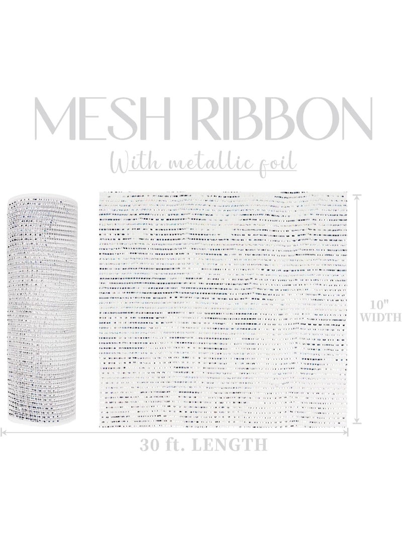 10 ياردة الفضة الشبكة الأبيض الشريط النسيج، 10 بوصة مجلد شبكة عيد الميلاد الشريط النسيج، الفضة المعدنية القماش الشاشة، الفضة الشبكة الزخرفية لشجرة عيد الميلاد، ألقاب الزهور، عقد الفراشات صنع، ألقاب الزهور - Image 2