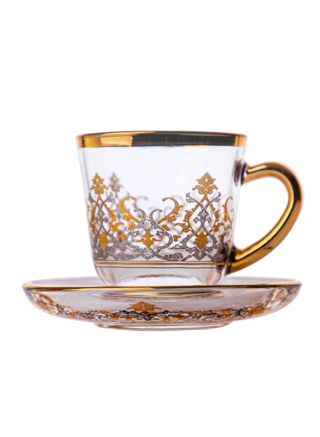 Soleter British Tea Cup and Saucer Set of 6 Glass with Deluxe Machine Gold and Silver Design Gift Box - Image 1