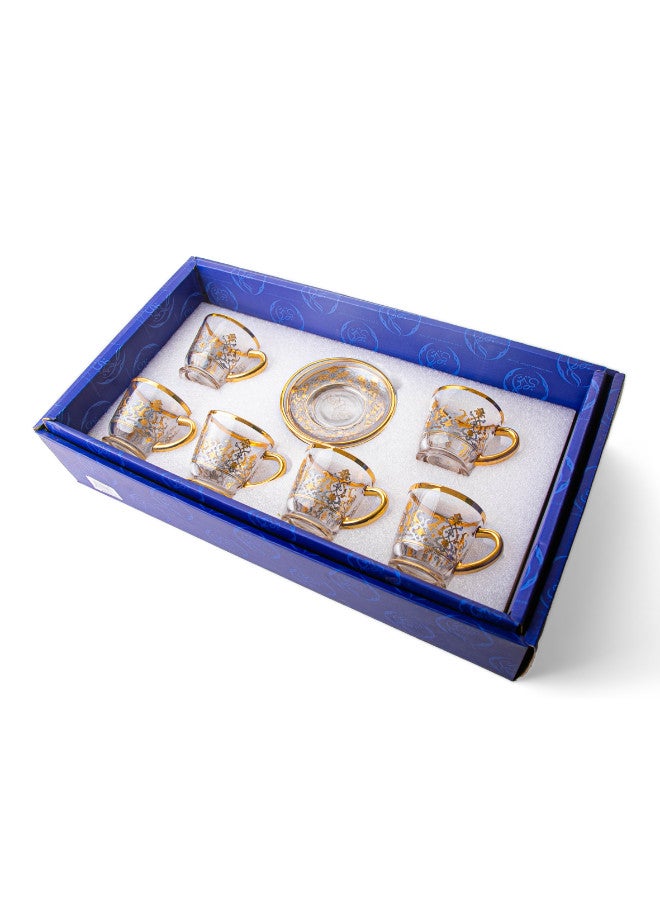 Soleter British Tea Cup and Saucer Set of 6 Glass with Deluxe Machine Gold and Silver Design Gift Box - Image 2