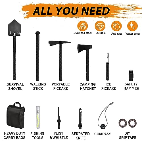 IUNIO Survival Off-Roading Tool Kit, 19 in 1 Folding Shovel, Camping Axe, Multitool, Pickaxe, with Carrying Bag, for Outdoor, Car Emergency (Upgrade Black) - Image 2