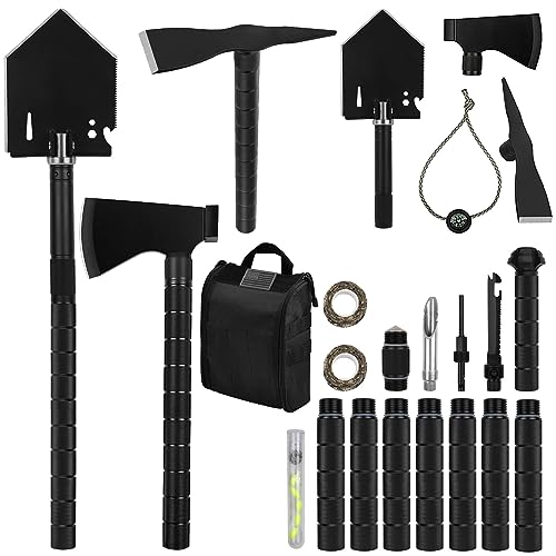 IUNIO Survival Off-Roading Tool Kit, 19 in 1 Folding Shovel, Camping Axe, Multitool, Pickaxe, with Carrying Bag, for Outdoor, Car Emergency (Upgrade Black) - Image 1