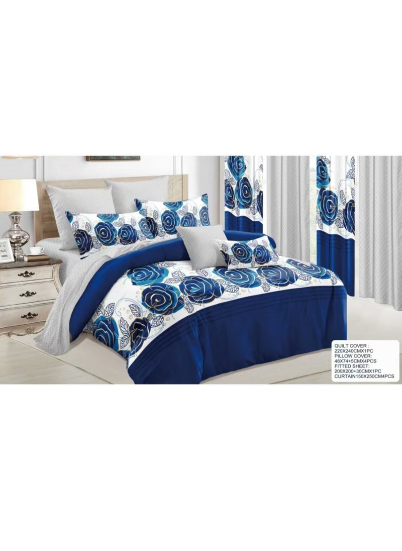 HAPPY MOOD - 6-Piece King Size Duvet Cover And Fitted Bed Sheet Set With 4 Pieces Curtains Cotton Multicolour - Image 1