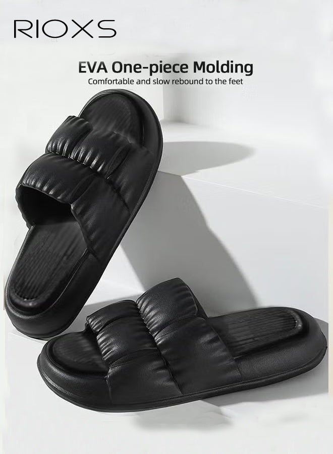RIOXS Unisex Shower Slippers, Men's Women's Bath Slippers, Soft Sole Cloud Slides for Women, Simple Open Toe Pillow Slippers, Non-Slip Flat Slip-Ons for Men, Pure Color Casual Style Slide, Lightweight Washable Slipper for Bathroom/ Indoor Bedroom/ Spa, Gym/ Swimming Pool/ Beach/ Travel and Daily Wear, Black Slippers - Image 3