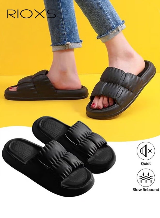RIOXS Unisex Shower Slippers, Men's Women's Bath Slippers, Soft Sole Cloud Slides for Women, Simple Open Toe Pillow Slippers, Non-Slip Flat Slip-Ons for Men, Pure Color Casual Style Slide, Lightweight Washable Slipper for Bathroom/ Indoor Bedroom/ Spa, Gym/ Swimming Pool/ Beach/ Travel and Daily Wear, Black Slippers - Image 1