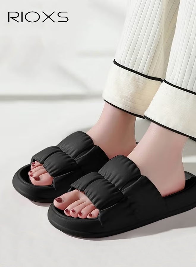 RIOXS Unisex Shower Slippers, Men's Women's Bath Slippers, Soft Sole Cloud Slides for Women, Simple Open Toe Pillow Slippers, Non-Slip Flat Slip-Ons for Men, Pure Color Casual Style Slide, Lightweight Washable Slipper for Bathroom/ Indoor Bedroom/ Spa, Gym/ Swimming Pool/ Beach/ Travel and Daily Wear, Black Slippers - Image 2