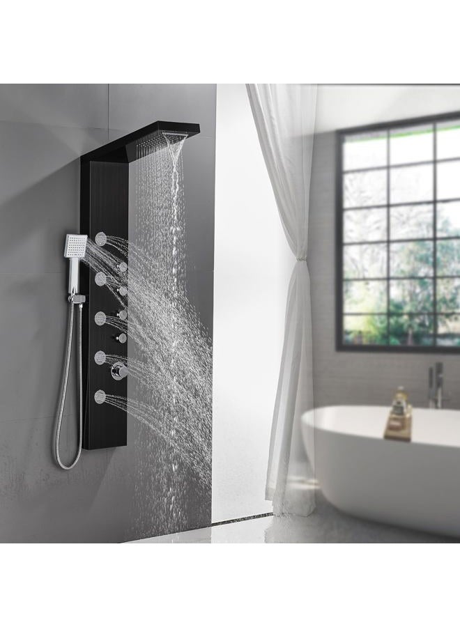 ROVATE Rainfall Waterfall Shower Tower Panel System, 304 Stainless Steel Bathroom Shower Tower with 5 Rain Body Massage Jets and 3 Sets Handheld Shower, Shower Cloumn Wall Mounted Black - Image 1