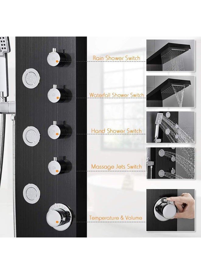 ROVATE Rainfall Waterfall Shower Tower Panel System, 304 Stainless Steel Bathroom Shower Tower with 5 Rain Body Massage Jets and 3 Sets Handheld Shower, Shower Cloumn Wall Mounted Black - Image 3