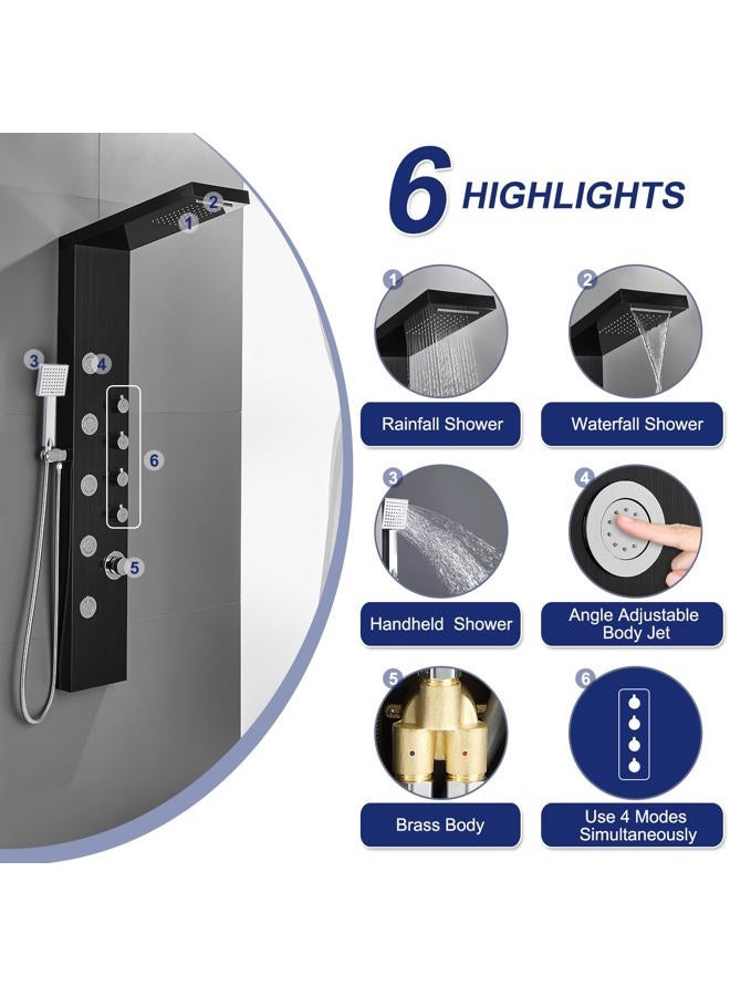 ROVATE Rainfall Waterfall Shower Tower Panel System, 304 Stainless Steel Bathroom Shower Tower with 5 Rain Body Massage Jets and 3 Sets Handheld Shower, Shower Cloumn Wall Mounted Black - Image 2